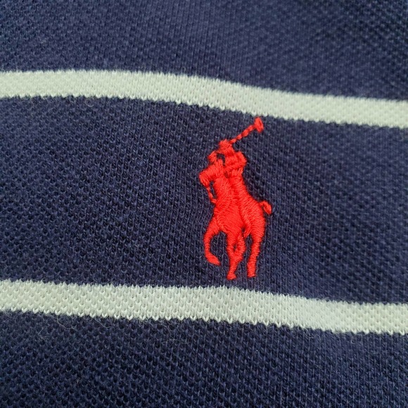 Polo By Ralph Lauren Navy Blue d and White Striped Red Logo Shirt Sz M - Picture 4 of 7